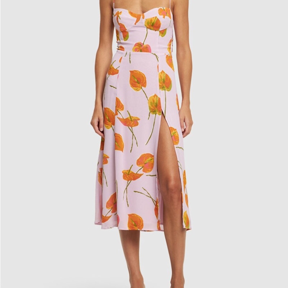 Reformation Orange and Purple Midi Sundress with High Slit and Spaghetti Straps
